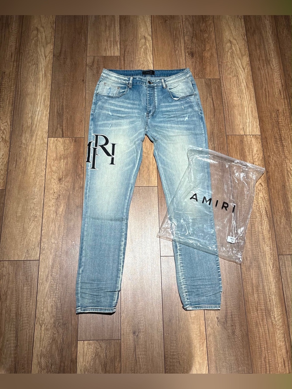 Amiri Mens Slim Fit Blue Jeans with Black Logo Brand New Waist Size 36